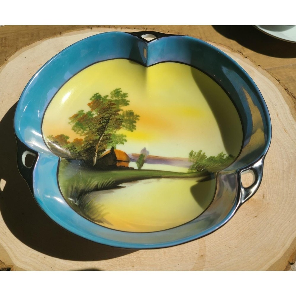 Vintage NORITAKE Japan Trinket Dish Blue Handled Tree‎ in Meadow Scene